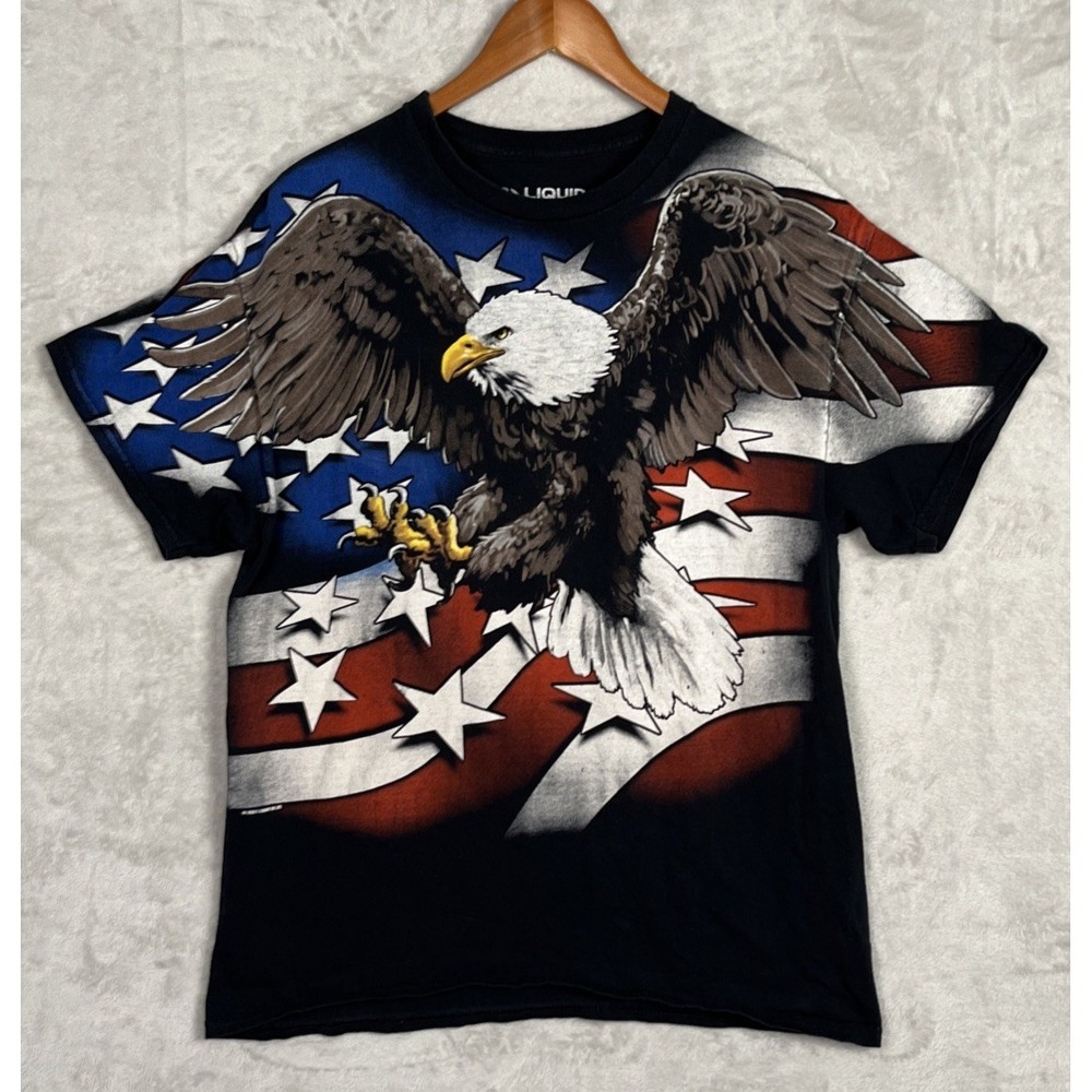 Liquid Blue Eagle‎ T-Shirt Mens Large Patriotic Bald American Flag Graphic Black